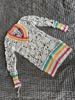 Crochet Lace Sweater with Rainbow Trim